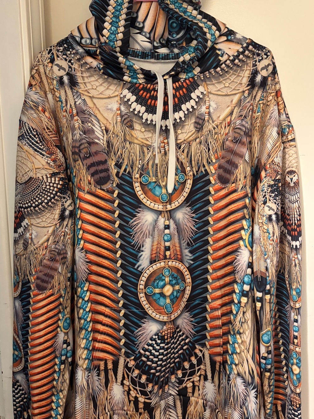 Bohemian Feathers Printed Hooded Ems hoodie in Turquoise & Burnt Orange